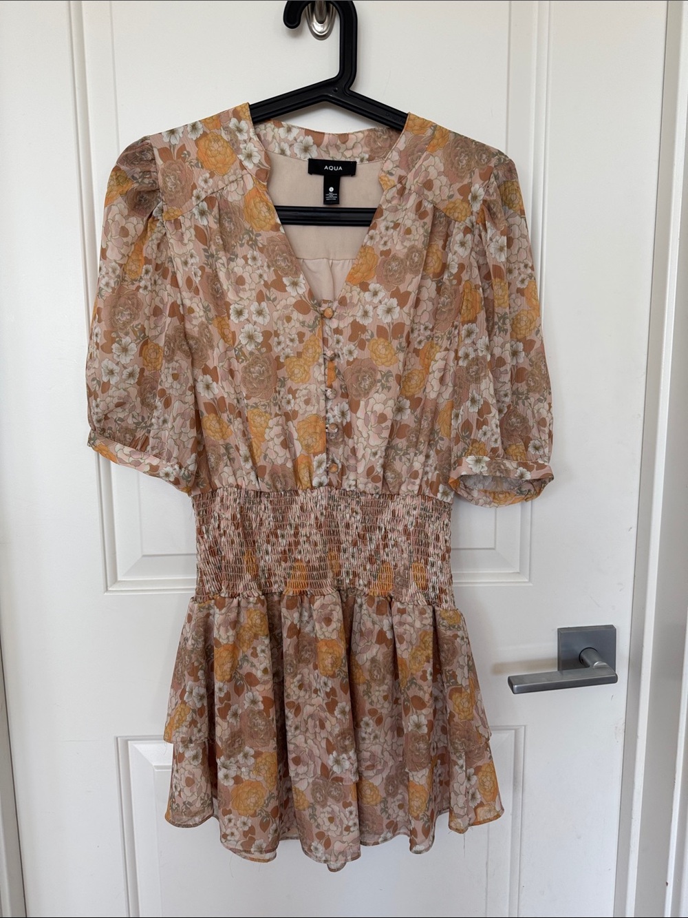 Aqua Beige and Mustard Floral Smocked Mini Dress